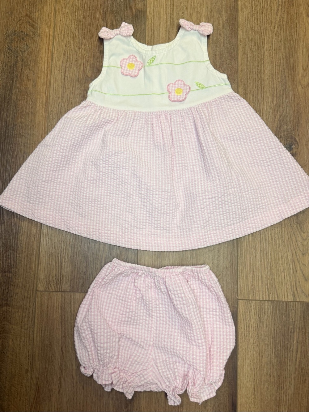 Vintage B.T. Kids‎ Seersucker Dress & Bloomer Set 2 Floral Appliqué CottageCore
